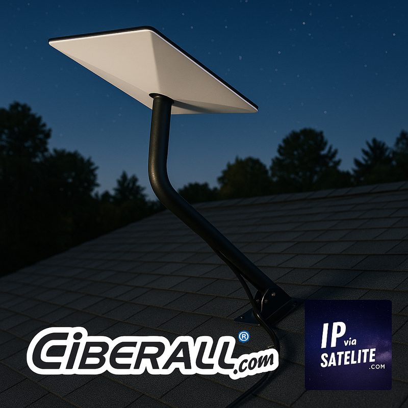 Antena Starlink instalada sobre mástil en un techo