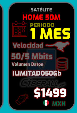 HOME 50M 1 MES   50/5 Mbits       ILIMITADO50Gb Velocidad Volumen Datos $1499 MXN PERIODO SATÉLITE